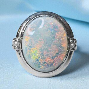 Vintage 14K White Gold Natural Australian White Opal & Seed Pearl Ring -Size 6.5